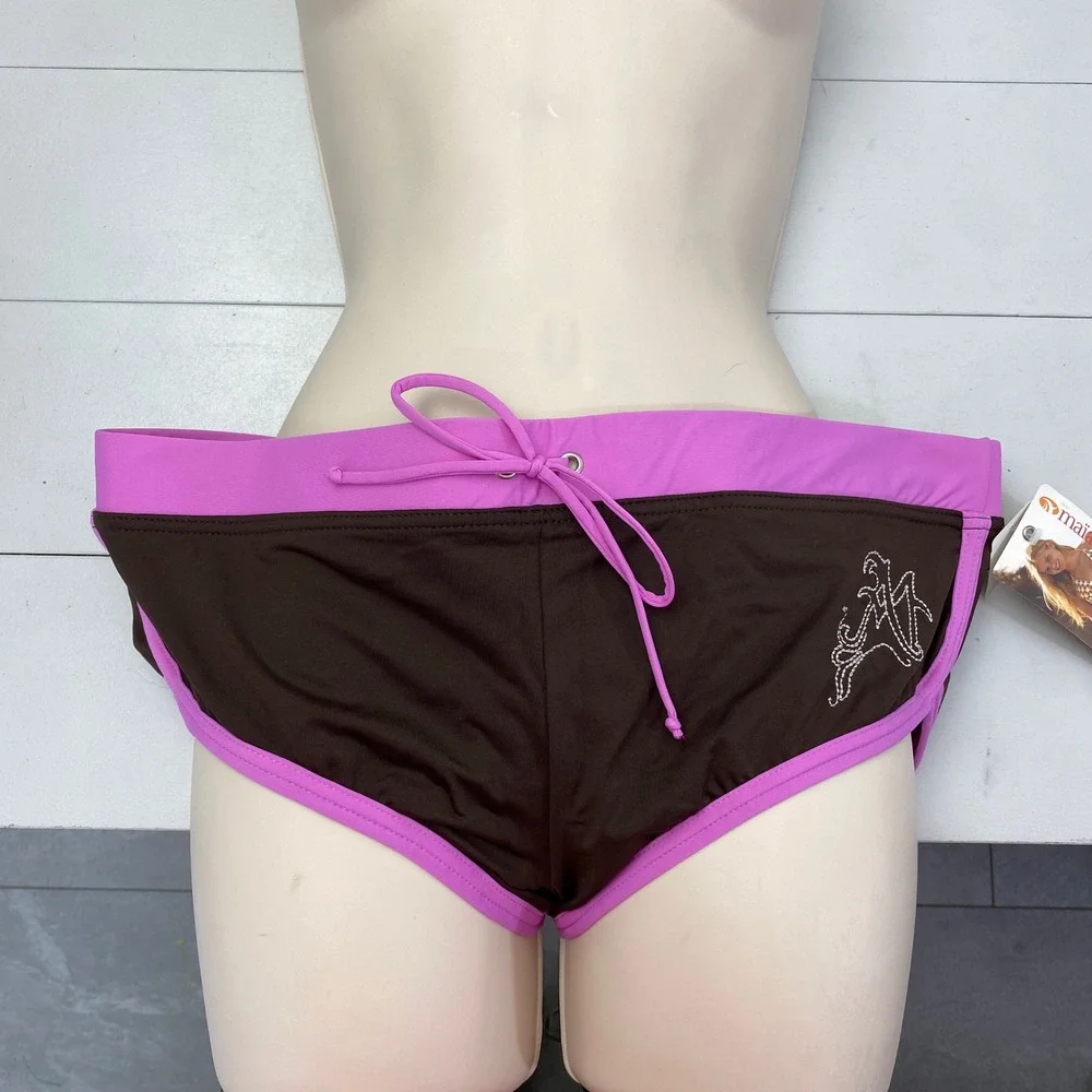 Y2K Maia Bikini Bottoms Womens Large Brown Pink Polka Dot Swimwear Boy Shorts